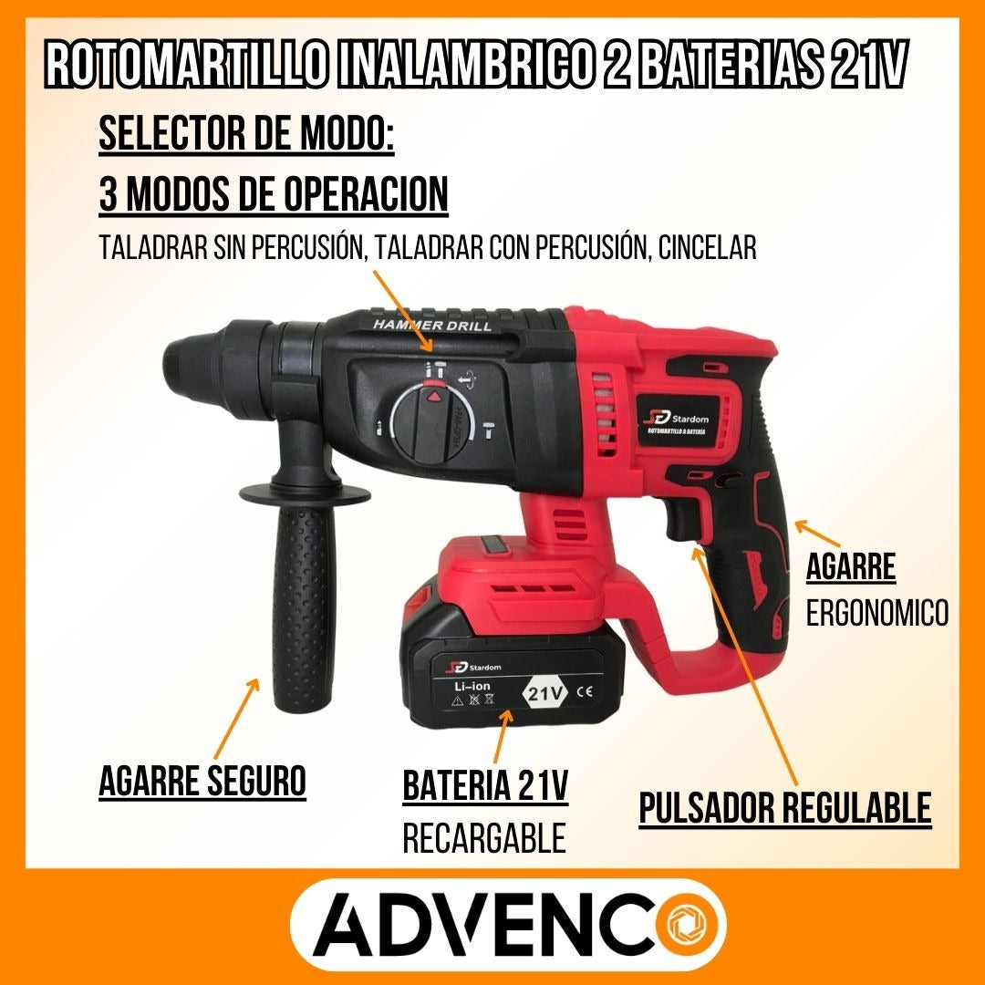 Rotomartillo Inalambrico 900w 2 Baterias 21v Color Rojo y Negro Frecuencia 50 60hz Stardom SD2010