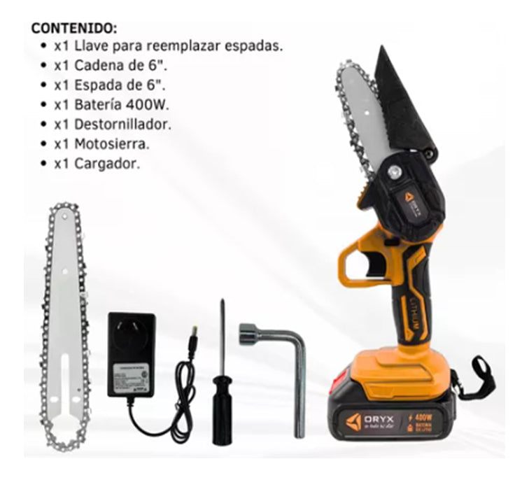 Motosierra Inalambrica Mini , Espadas Intercambiables , Bateria Recargable De 21v Cargador De Baterias Con Accesorios Oryx El-580 , 2 Espadas Intercambiable , 2 Cadenas , Protector De Espada Y Llave