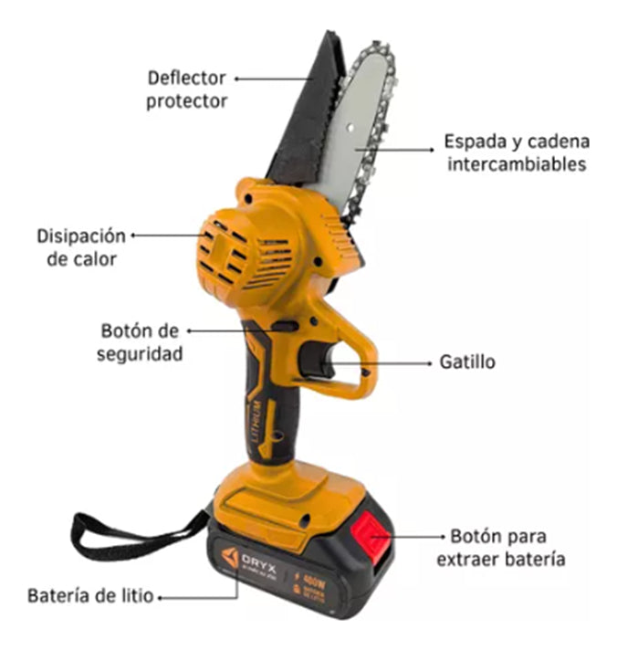 Motosierra Inalambrica Mini , Espadas Intercambiables , Bateria Recargable De 21v Cargador De Baterias Con Accesorios Oryx El-580 , 2 Espadas Intercambiable , 2 Cadenas , Protector De Espada Y Llave