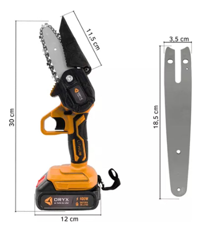 Motosierra Inalambrica Mini , Espadas Intercambiables , Bateria Recargable De 21v Cargador De Baterias Con Accesorios Oryx El-580 , 2 Espadas Intercambiable , 2 Cadenas , Protector De Espada Y Llave
